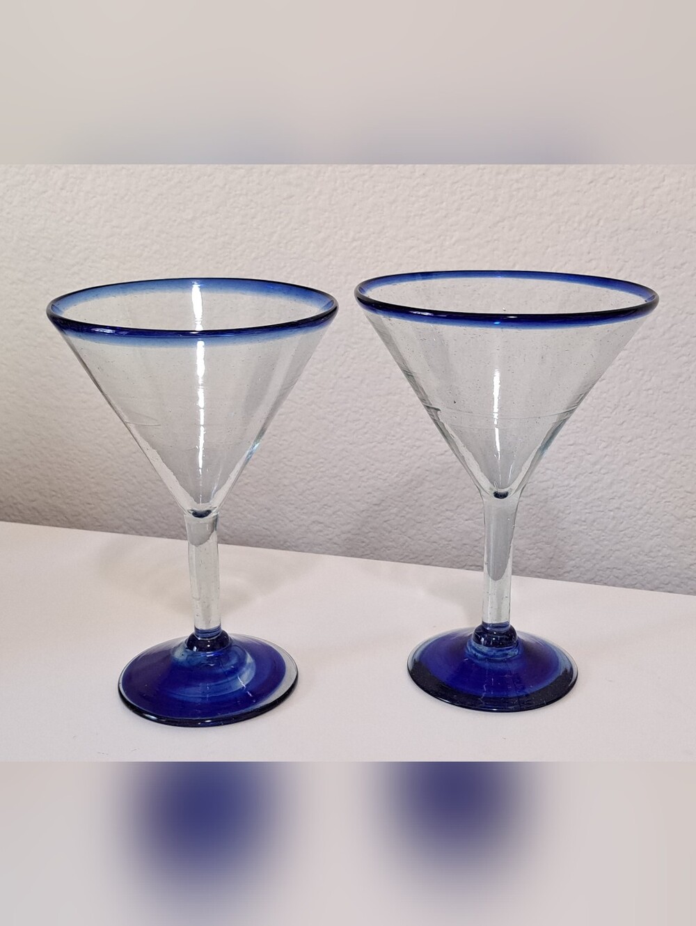 Hand Blown Blue Rim Martini Glasses Art Glass Cocktail Stemware (2)